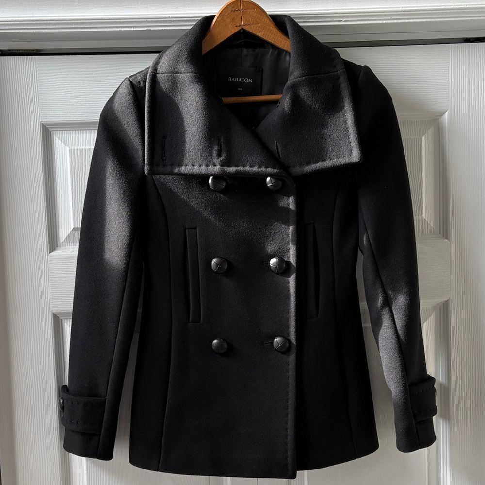 Babaton Black Italian Virgin Wool/Cashmere Funnel Neck Peacoat Jacket EUC